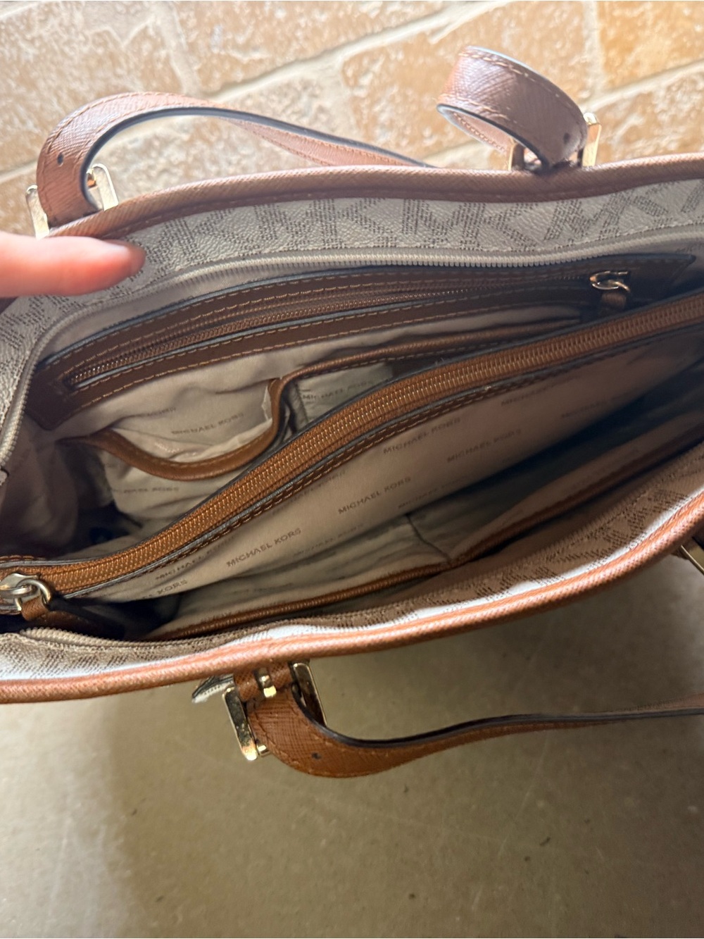 Michael Kors Cream Logo Tote with Brown Leather Trim - Picture 3 of 9